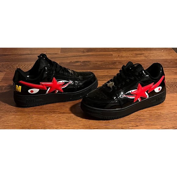 A Bathing Ape BapeSta Shark WGM Black Red Patent Leather Sneakers 6.5